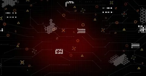 Image of markers and data processing over red background Illustrazione stock