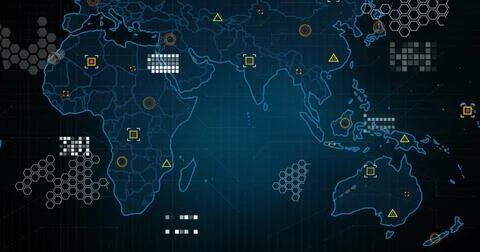 Image of markers and data processing over world map Foto stock