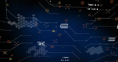 Image of markers and data processing over blue background Stock Photos