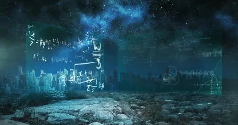 Image of math data, cityscapes on screens and clouds on black background Foto stock