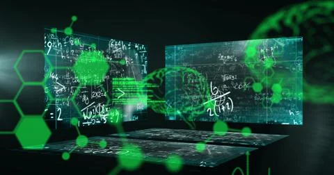 Image of math equations written on screen with green 3D brain and molecule Stock Illustration