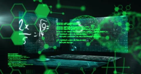 Image of math equations written on screen with green 3D brain and molecule Illustrazione stock