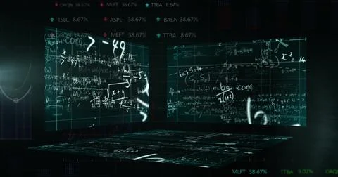 Image of math formulas and data on digital screens in black space 스톡 일러스트