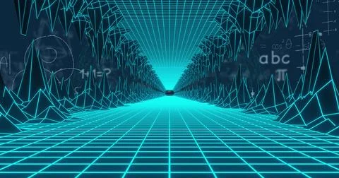Image of math formulas and digital space on navy background Stock Photos
