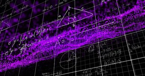 Image of math formulas and purple glitter on black background Stock Photos