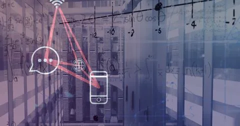 Image of math formulas and smartphone icons over servers Stock Photos