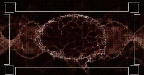 Image of math formulas, brain and dna on black background Illustrazione stock