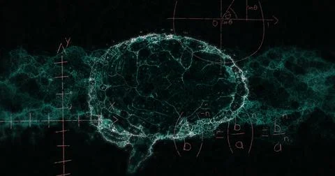 Image of math formulas, brain and dna on black background Illustrazione stock