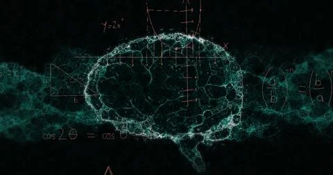 Image of math formulas, brain and dna on black background Illustrazione stock