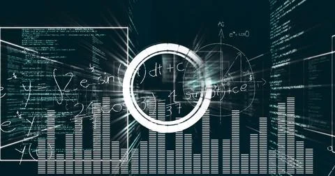 Image of math formulas, graphs and circles on black background Stock Illustration