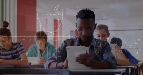 Image of math formulas moving over african american boy and class of pupils with Stock Photos