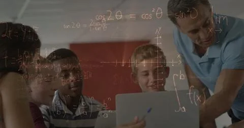 Image of math formulas moving over diverse male teacher and pupils working on Stock Photos