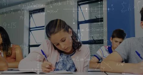 Image of math formulas moving over class of diverse pupils during lessons Stock Photos