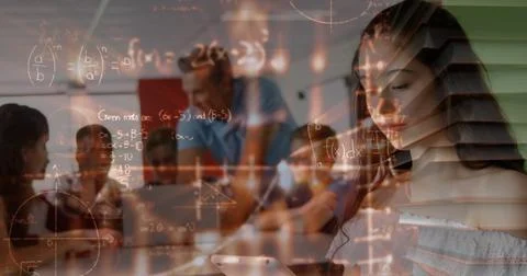 Image of math formulas moving over biracial girl using smartphone at school Stock Photos