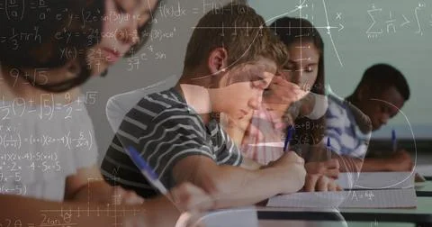 Image of math formulas moving over class of diverse pupils learning at school Stockfoto's