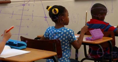 Image of math formulas over african american children learning at school Stock Photos