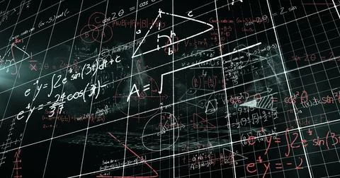 Image of math formulas over checked background and black space Stock Photos