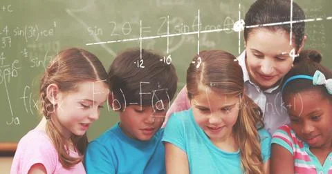 Image of math formulas over diverse pupils at school Stock Photos