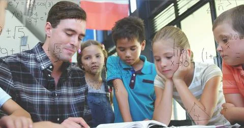 Image of math formulas over diverse pupils and male teacher learning at school Stock Photos
