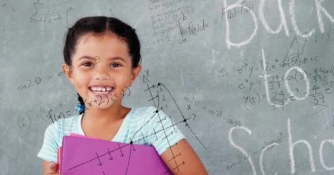 Image of math formulas over happy biracial girl holding books Stock Photos