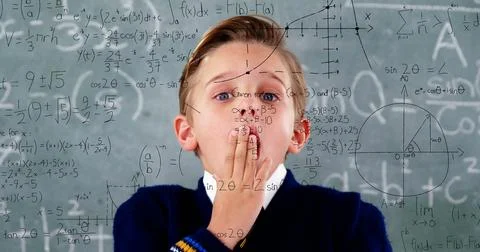 Image of math formulas over scared caucasian boy over blackboard Stock Photos