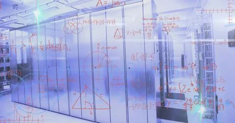 Image of math formulas over servers Stock Photos