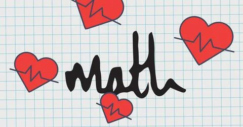 Image of math text and falling hearts in school notebook イラスト素材