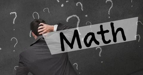 Image of math text and question marks over caucasian businessman Stock Photos