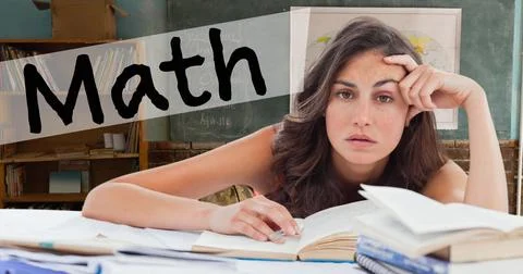 Image of math text and student learning over empty classroom Stock Illustration