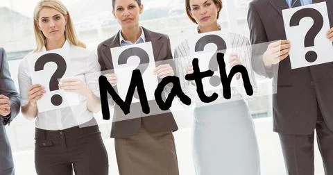 Image of math text over group of diverse business people holding question marks Stock Photos