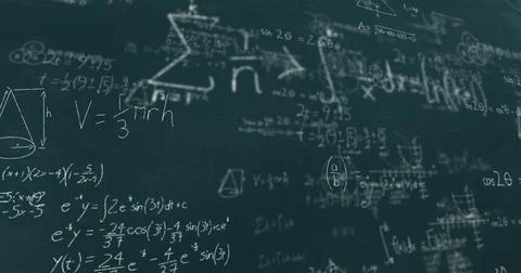 Image of math text over mathematical equations on green background Stock Photos
