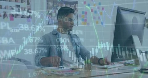 Image of mathematical binary coding processing over students using computers Stock Photos