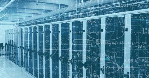 Image of mathematical data and tech room with computer servers 스톡 사진