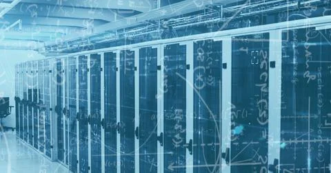 Image of mathematical data and tech room with computer servers 스톡 사진