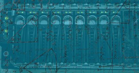 Image of mathematical data over close up of flashing lights of computer server Stock-Illustration