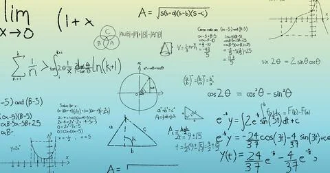 Image of mathematical data processing on blue and green background Stock Photos