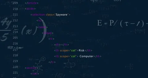 Image of mathematical data processing over black background Illustrazione stock