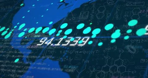 Image of mathematical data processing over world map on dark background Illustrazione stock