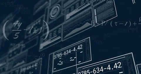 Image of mathematical data processing over screens on dark background Illustrazione stock