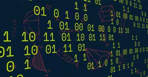 Image of mathematical data processing over binary coding on dark background Stock Illustration