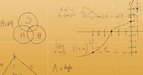 Image of mathematical data processing over yellow background イラスト素材