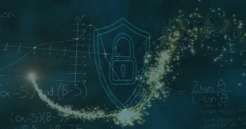 Image of mathematical data processing over padlock icon and shooting star イラスト素材