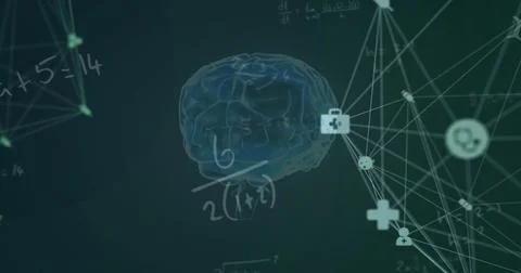 Image of mathematical data processing over human brain and globe with Stock Illustration
