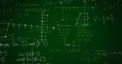 Image of mathematical data processing over green background Foto stock