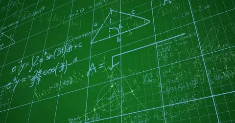 Image of mathematical data processing over green background Foto stock