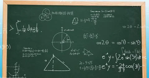 Image of mathematical data processing over green chalkboard Stock Photos