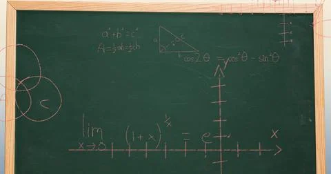Image of mathematical data processing over green chalkboard 스톡 사진