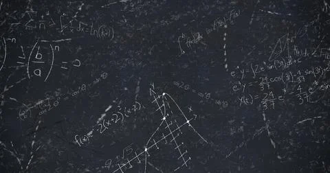 Image of mathematical data processing over black chalkboard 스톡 사진