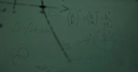 Image of mathematical data processing over green chalkboard 스톡 사진