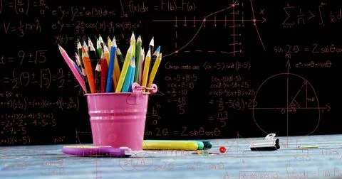 Image of mathematical data processing over school items Stock Photos